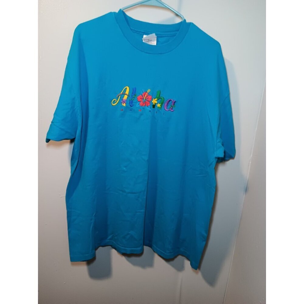Vintage Y2K Single Stitch Embroidered Aloha Bright Blue T-Shirt Beach Travel 2XL